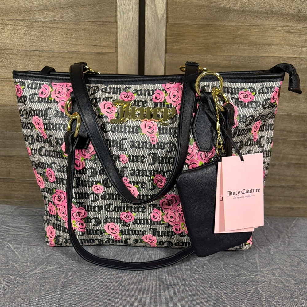 Juicy Couture Day to Date Tote Bag Pink Bloom Black Floral Monogram Shopper NEW - Picture 1 of 10